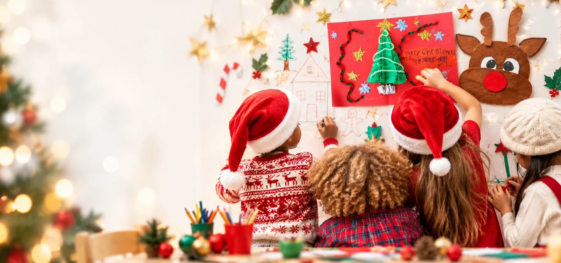 Niños realizando actividades creativas y manualidades navideñas